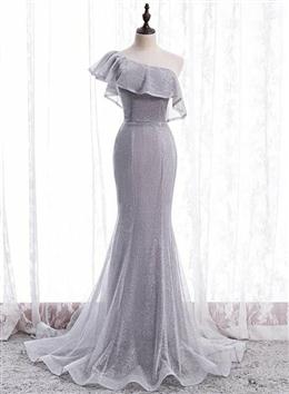 Picture of Grey One Shoulder Lace-up Shiny Long Formal Dresses Party Dresses, Grey Long Evening Dress